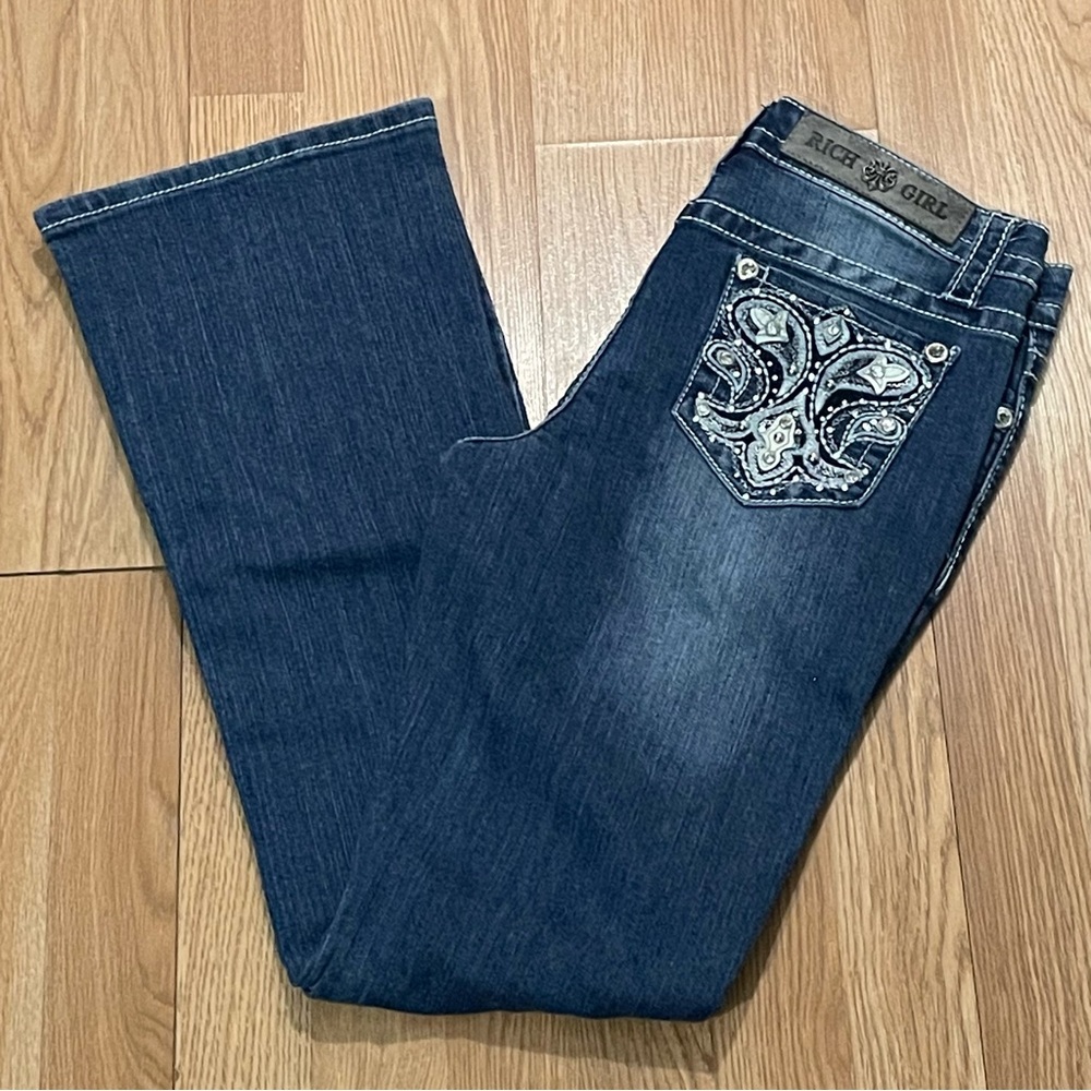 Rich Girl Women’s Bootcut Jeans 9 (30x31) Blue Dark Wash Embroidered Western